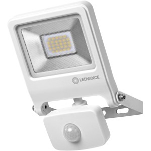 Biała lampa zewnętrzna LED Ledvance Endura Flood z czujnikiem, 20W, ciepłe białe światło.