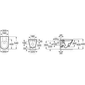 Rysunek techniczny zestawu WC t.b.t. z wymiarami do instalacji i planowania.