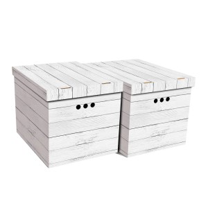 Dwa białe kartonowe pudełka t.b.t. z efektem drewna i pokrywkami.