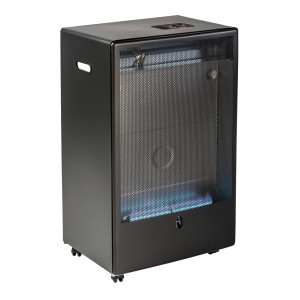 Czarny piec gazowy t.b.t. z kółkami i niebieskim płomieniem za kratką.