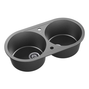 Szary zlewozmywak granitowy t.b.t. z dwiema komorami i odpływem.