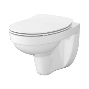 Biała miska wisząca WC t.b.t. z ceramiki z zamkniętym kołnierzem.