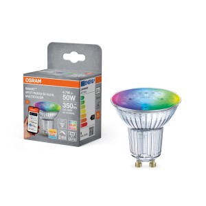 Żarówka Osram Matter GU10 LED z RGBW, 4,7W, kształt reflektora PAR16, obok opakowania produktu.
