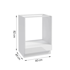 Biały korpus szafki kuchennej (t.b.t.) z wymiarami. Część zestawu mebli kuchennych.