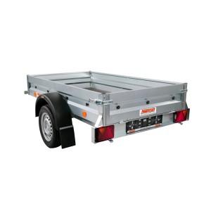 Przyczepa niehamowana t.b.t. ze srebrną ramą i czarnym błotnikiem.