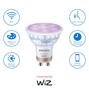 Inteligentna żarówka LED GU10 firmy Philips, sterowana aplikacją WiZ, możliwość zmiany koloru.