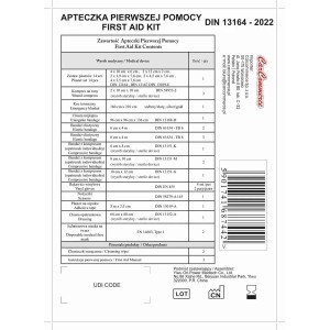 Zawartość apteczki pierwszej pomocy t.b.t.: Lista komponentów i rozmiarów.