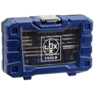 Zestaw wierteł i bitów LUX, 42-częściowy, w niebieskim pudełku.