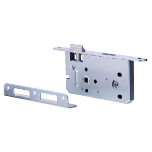 Metalowy zamek wpuszczany do drzwi, wraz z elementami montażowymi.