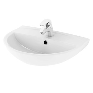 Biała umywalka nablatowa z baterią, kategoria: Umywalki blatowe.