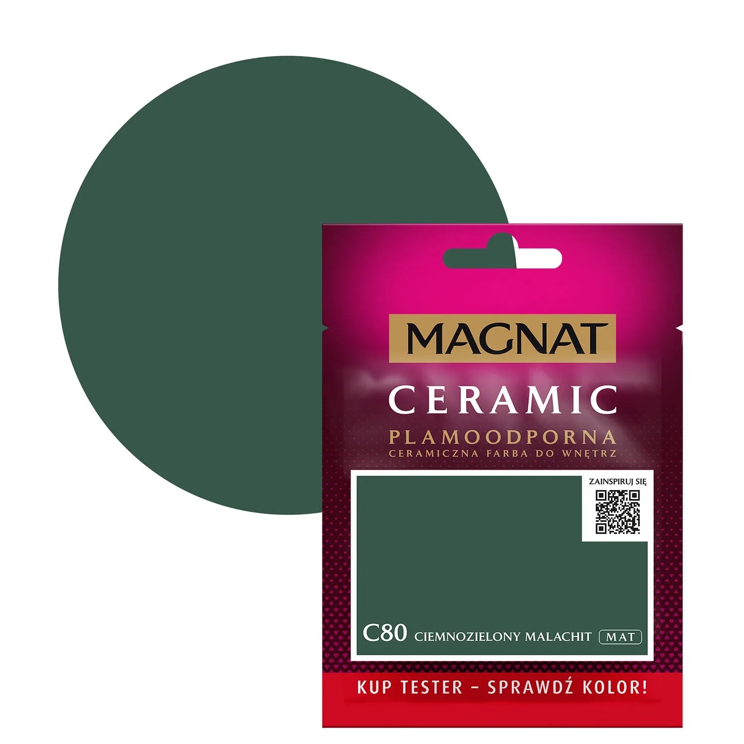 Próbka koloru i wzornik Magnat Ceramic C80 Ciemnozielony Malachit, matowa farba do ścian.