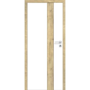 Nowoczesne drzwi wewnętrzne t.b.t. z efektem drewna i wstawką szklaną.