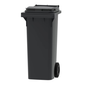 Szary pojemnik na odpady z pokrywą i kołami.