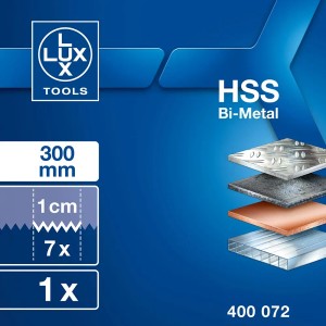 Brzeszczot bimetaliczny LUX-TOOLS, 300 mm, 18 zębów, odpowiedni do różnych materiałów.