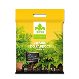 Żółte opakowanie ziemi do paproci Kronen, 5L. Idealna do paproci domowych i ogrodowych.