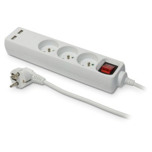 Biała listwa zasilająca t.b.t. z 3 gniazdami, portami USB i włącznikiem.