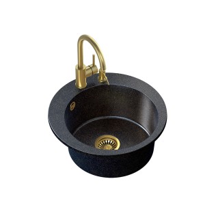 Okrągły, czarny zlewozmywak granitowy t.b.t. ze złotą baterią. Wysoka jakość i nowoczesny.