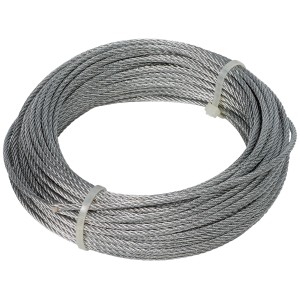 Zwinięta srebrna lina stalowa (Liny) zabezpieczona opaskami kablowymi.