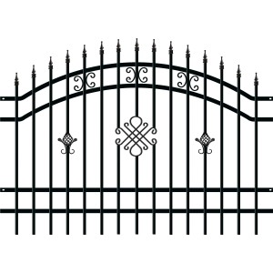 Czarny metalowy płot t.b.t. z ozdobnymi elementami do ogrodu.