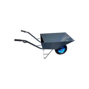 Szara taczka z niebieskim kołem do prac budowlanych.