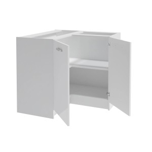 Biała szafka narożna z zestawu mebli kuchennych z otwartymi drzwiami i jedną półką.