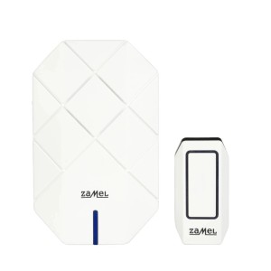 Biały zestaw dzwonka bezprzewodowego t.b.t. firmy Zamel do użytku zewnętrznego.