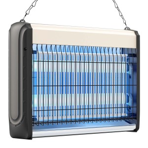 Elektryczna lampa owadobójcza z światłem UV i siatką ochronną.