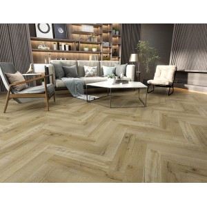 Salon z jasnobrązowymi panelami winylowymi ułożonymi we wzór jodełki.