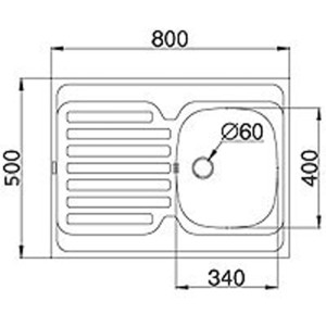 Rysunek techniczny zlewozmywaka ze stali nierdzewnej t.b.t. o wymiarach 800x500 mm.
