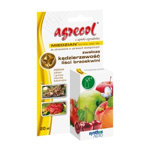 Agrecol Miedzian Extra 350 SC: Środek grzybobójczy do roślin, z grafiką jabłek, wiśni i brzoskwiń.