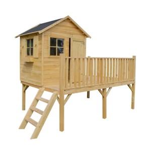 Drewniany domek do zabawy z drabinką i tarasem. Idealny dla dzieci do zabawy w ogrodzie.