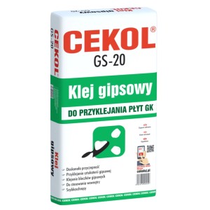 Klej gipsowy CEKOL GS-20 do płyt gipsowo-kartonowych.