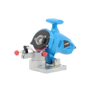 Ostrzałka do noży kosiarek, niebieska obudowa, tarcza szlifierska i urządzenie regulacyjne.