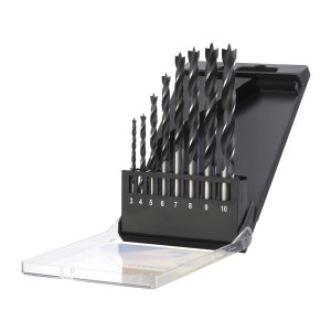 Zestaw wierteł do drewna (3-10 mm) w pudełku do precyzyjnych otworów w drewnie.
