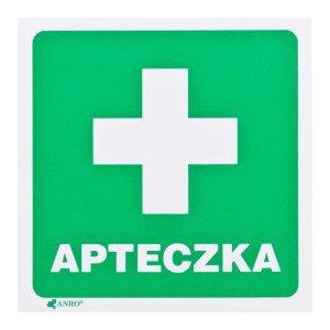 Zielony znak informacyjny "APTECZKA" z białym krzyżem, symbol pierwszej pomocy.