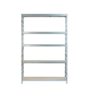 Pusty, srebrny metalowy regał z czterema drewnianymi półkami. Idealny do przechowywania.