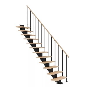 Schody wewnętrzne t.b.t. z jasnego drewna z czarną poręczą.