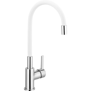 Bateria jednouchwytowa t.b.t. z białą, elastyczną wylewką i chromowanym wykończeniem.