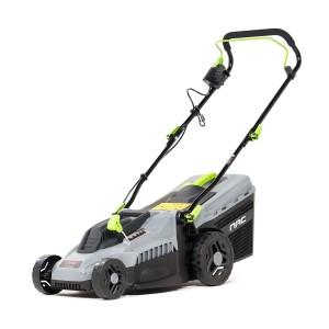 Szaro-zielona kosiarka elektryczna t.b.t. do precyzyjnej pielęgnacji trawnika.