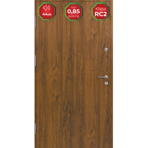 Brązowe drzwi zewnętrzne z efektem drewna, izolacja akustyczna 44dB i klasa bezpieczeństwa RC2.