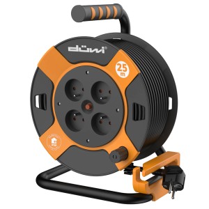 Przedłużacz na bębnie z kablem 25 m, czarno-pomarańczowy.
