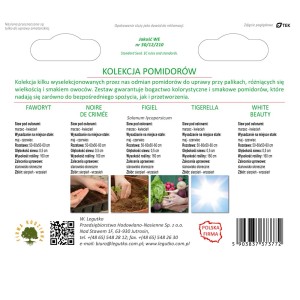 Opakowanie nasion z różnymi odmianami pomidorów do uprawy w ogrodzie.