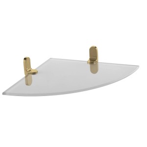 Szklana półka narożna ze złotymi uchwytami, część zestawu akcesoriów łazienkowych.