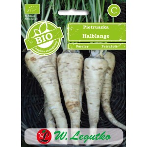 Szczegółowe zdjęcie nasion pietruszki 'Halblange' bio, idealne do uprawy warzyw w ogrodzie.