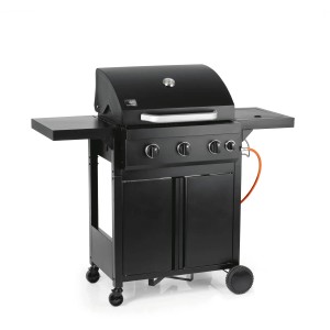 Czarny grill gazowy t.b.t. z trzema palnikami, półkami bocznymi i szafką dolną.
