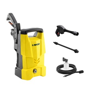 Żółta myjka ciśnieniowa z akcesoriami, takimi jak pistolet, lanca i butelka na detergent.