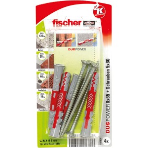 Fischer Duopower 8x65 kołki ze śrubami, zestaw 4 szt. Uniwersalne kołki do bezpiecznego mocowania.
