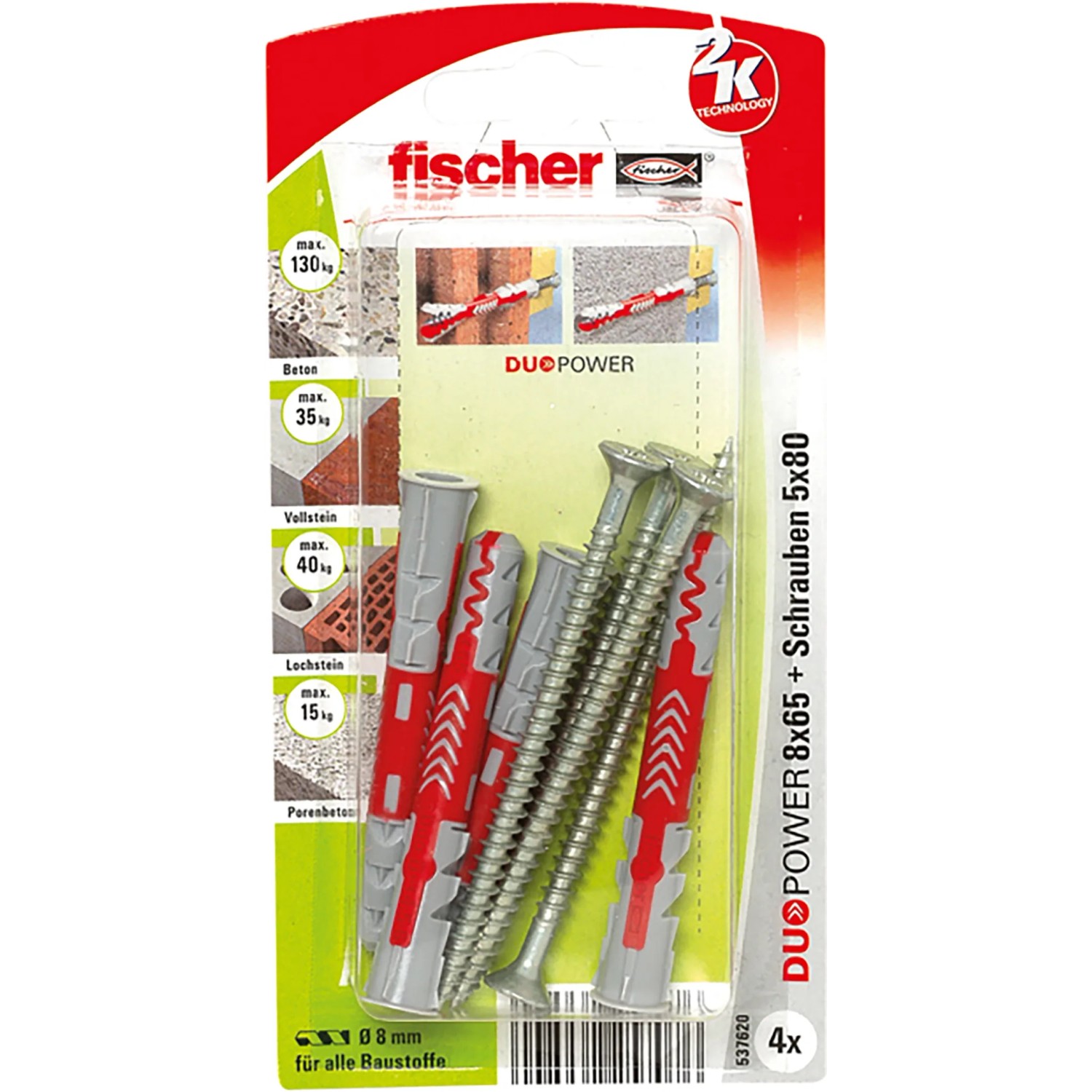 Fischer Duopower 8x65 kołki ze śrubami, zestaw 4 szt. Uniwersalne kołki do bezpiecznego mocowania.