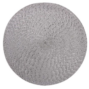 Okrągła, srebrna podkładka t.b.t. wykonana z plecionego materiału.