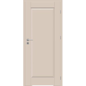 Beżowe drzwi wewnętrzne z srebrną klamką. Skrzydło drzwiowe z ramą.